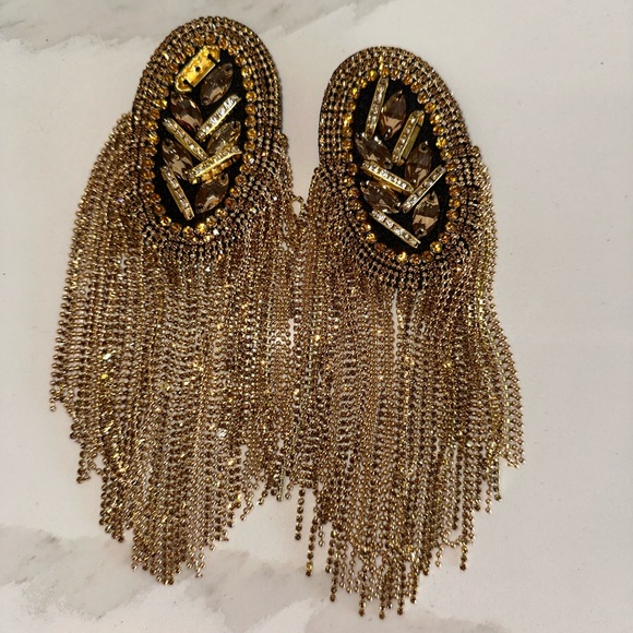 Beaded Gold Crystal Tassel Shoulder Brooches - Picture 3 of 3